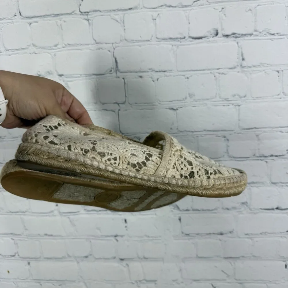 Tory Burch Crochet Lace Espadrilles Women 10.5 Ivory Boho Coastal Cottage Flats